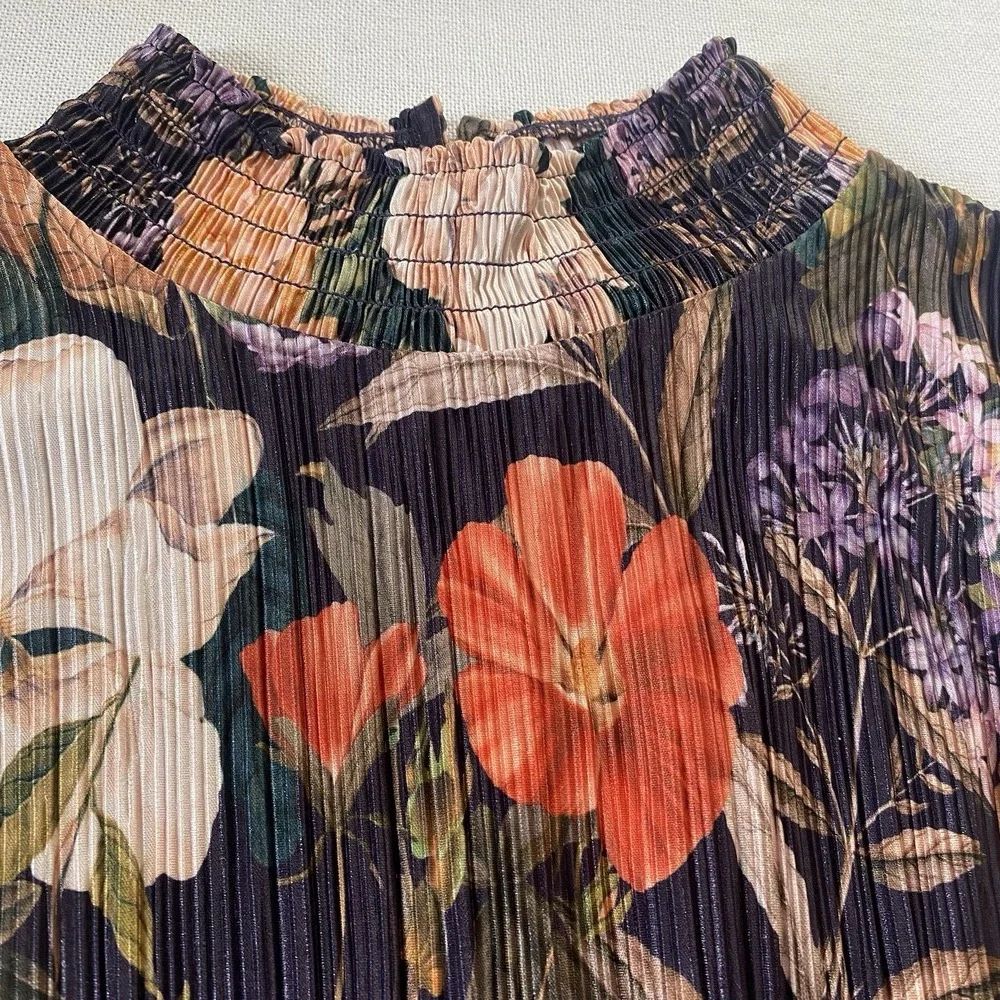 Chico's Womens 4 XXL Dark Purple Floral Pleated Blouse Long Sleeve Mock Neck Top - Picture 7 of 16